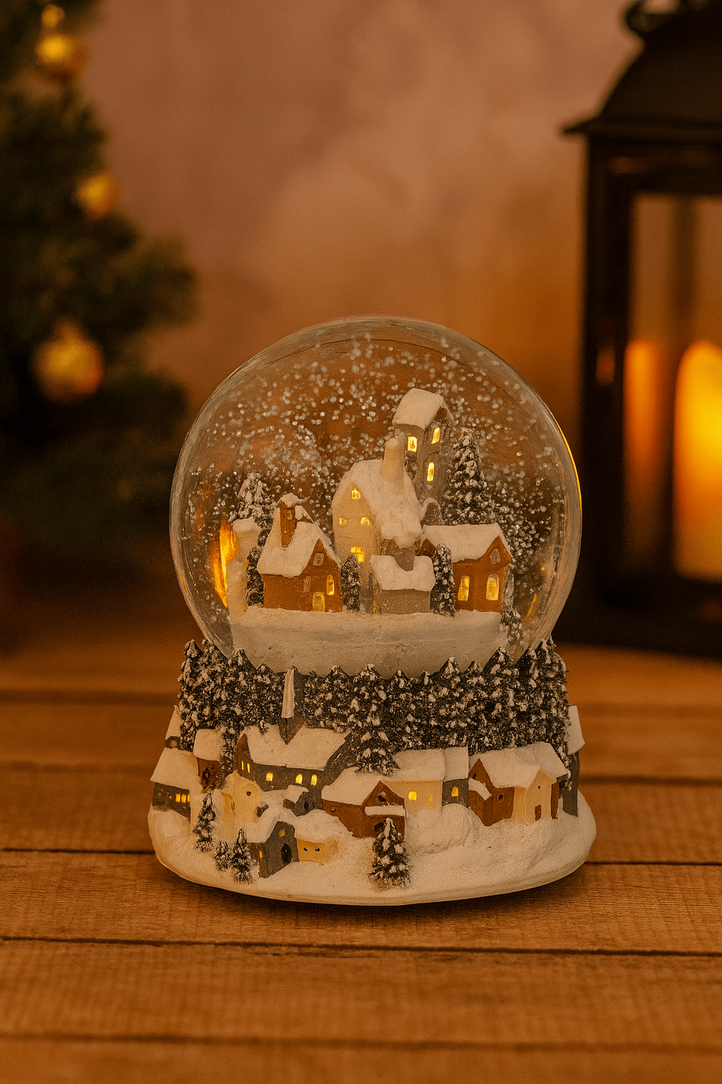Christmas snow globe displaying a miniature winter village with glowing windows