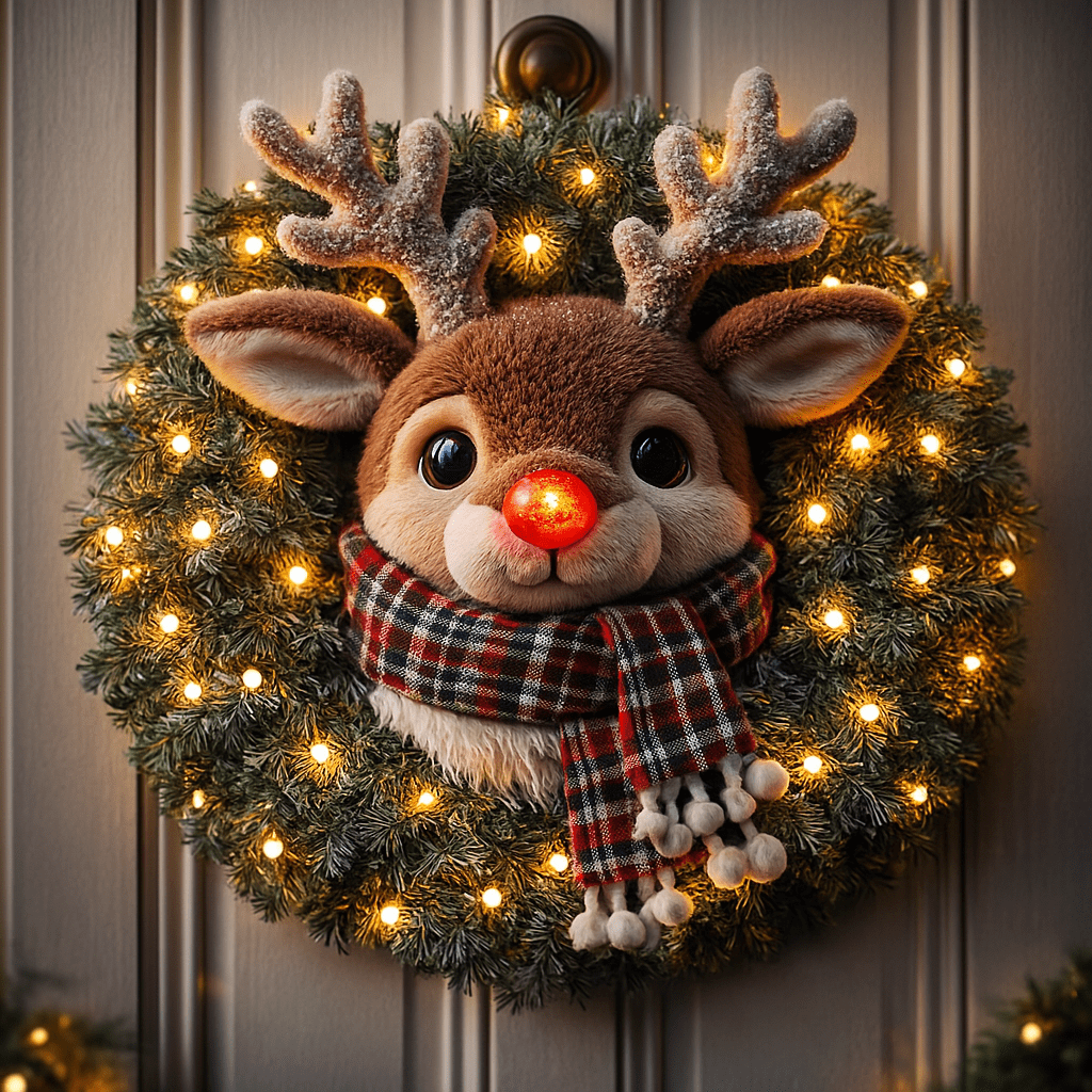 Reindeer face Christmas wreath with antlers, scarf, warm fairy lights, and glowing red nose