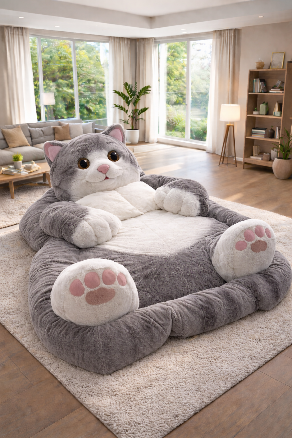 Grey oversized cat bed designed for lounging and relaxation