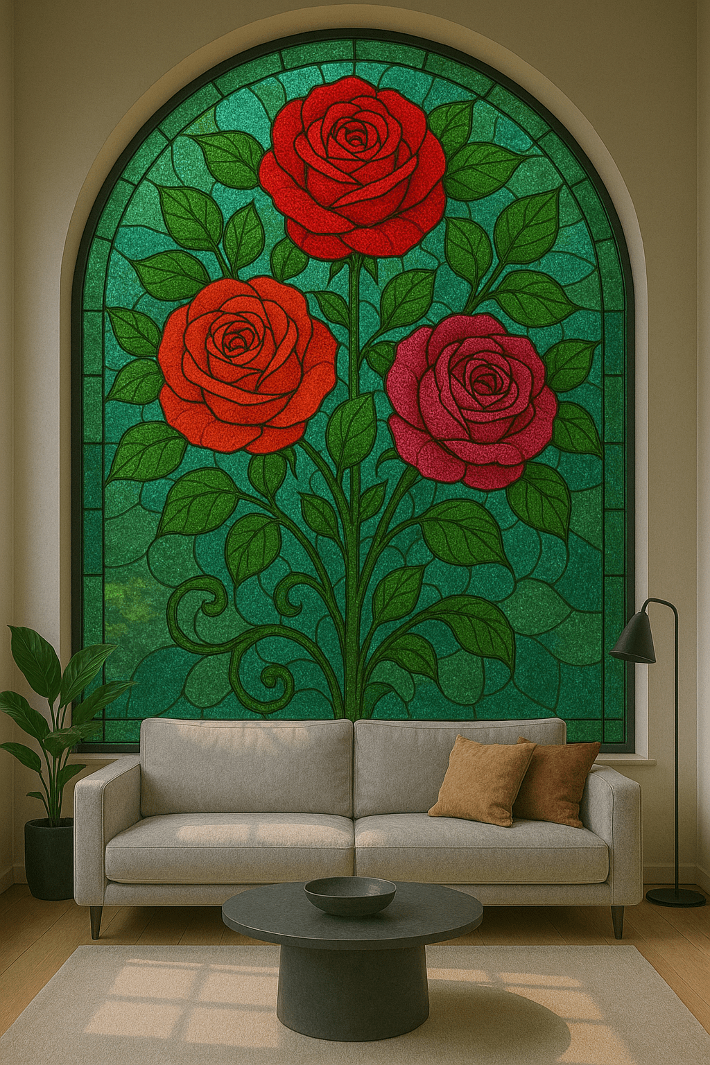 Elegant rose floral stained glass window in a minimalist modern interior