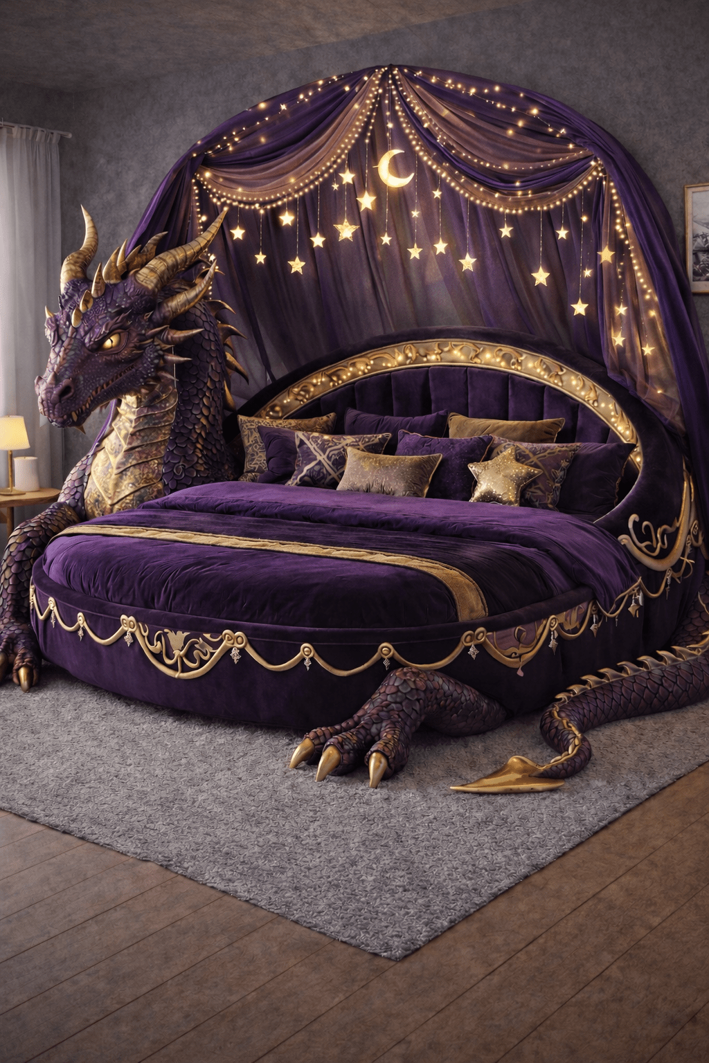 Purple dragon-shaped statement bed with glowing star canopy and regal velvet upholstery