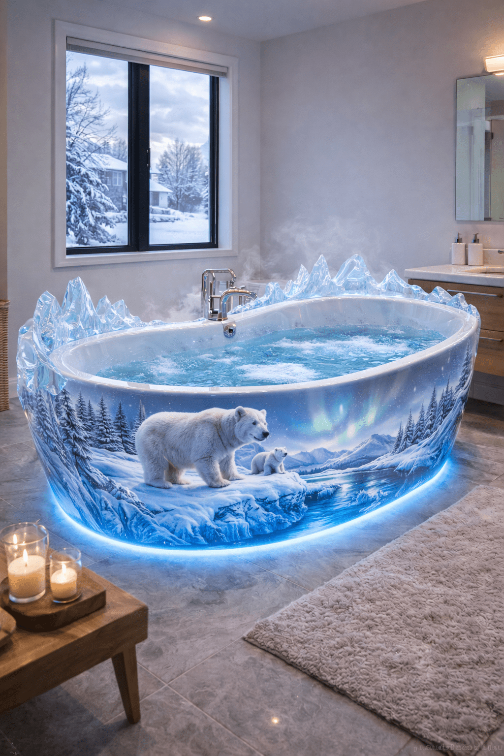 Luxury winter wonderland bathtub with polar bears, icy cliffs and glowing LED base