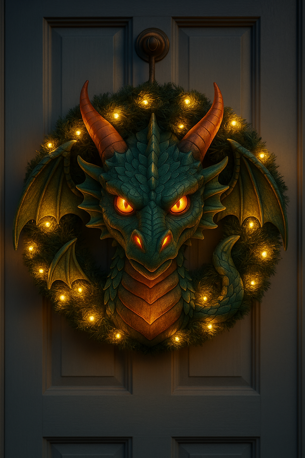 Green dragon Christmas wreath with glowing eyes, evergreen branches and warm festive lighting