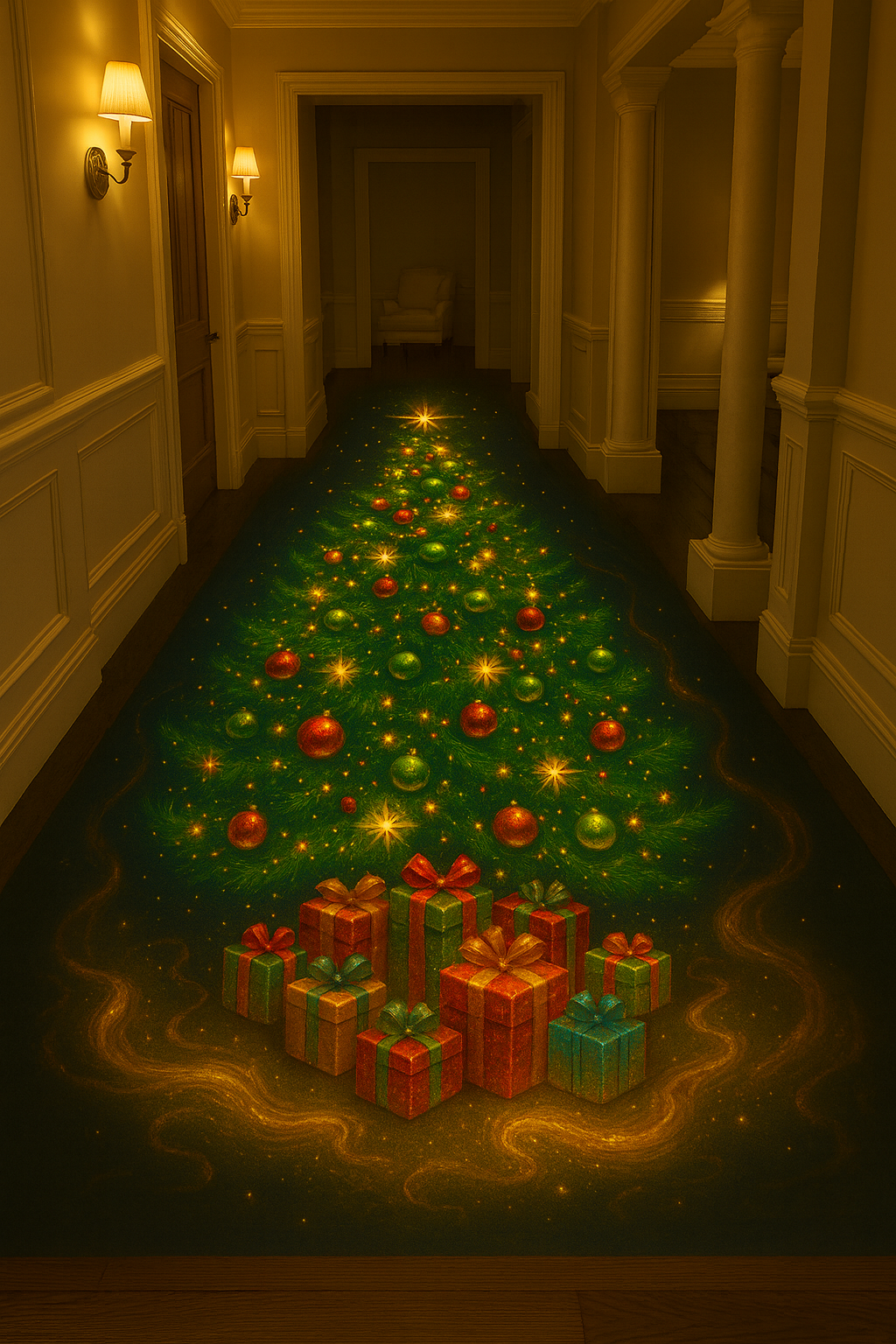 Magical Christmas hallway illusion floor showing a tree made of lights and ornaments with presents at the base
