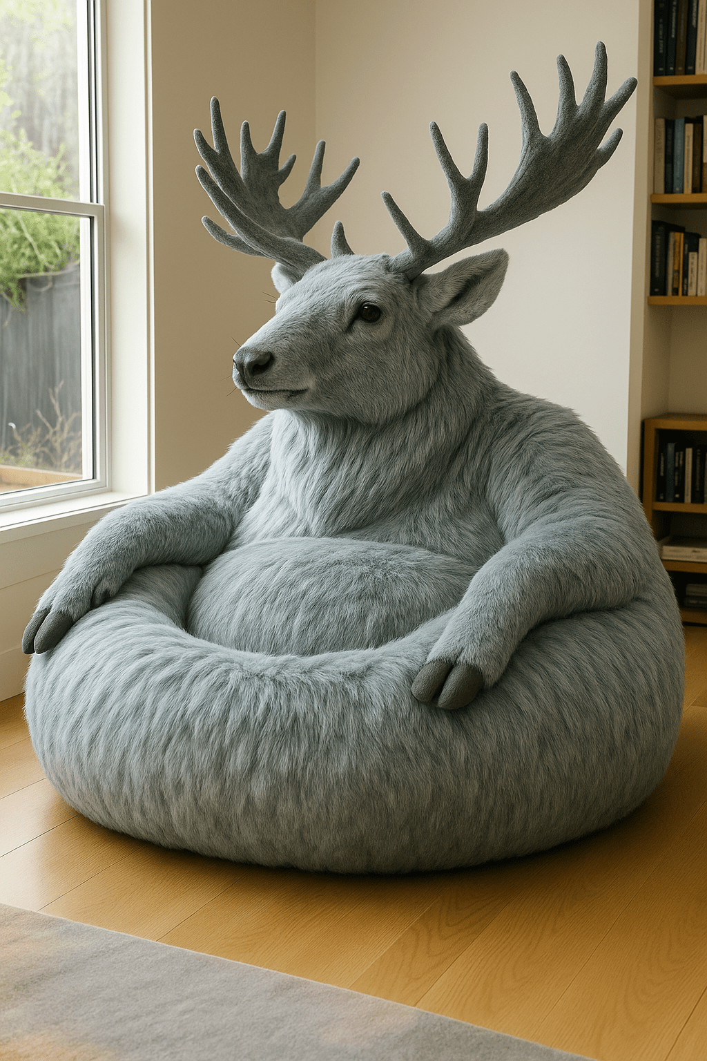 Grey plush oversized reindeer armchair in a contemporary home interior