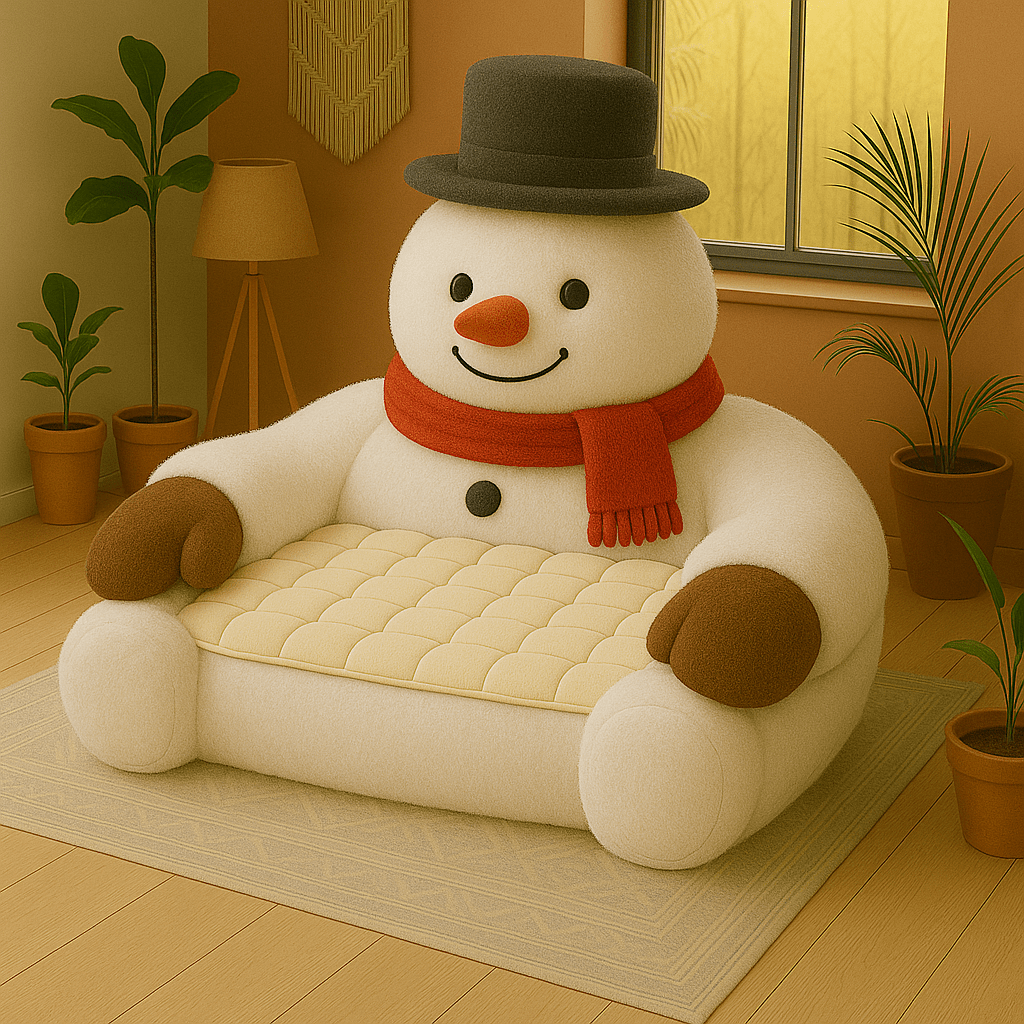 Christmas character armchairs: Oversized snowman-shaped armchair with white plush fabric and red scarf detail
