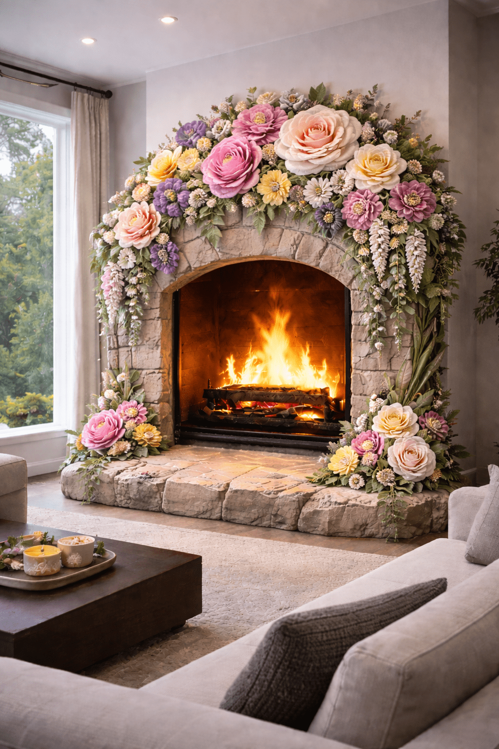 Elegant floral fireplace display with pastel flowers arranged around a stone fireplace