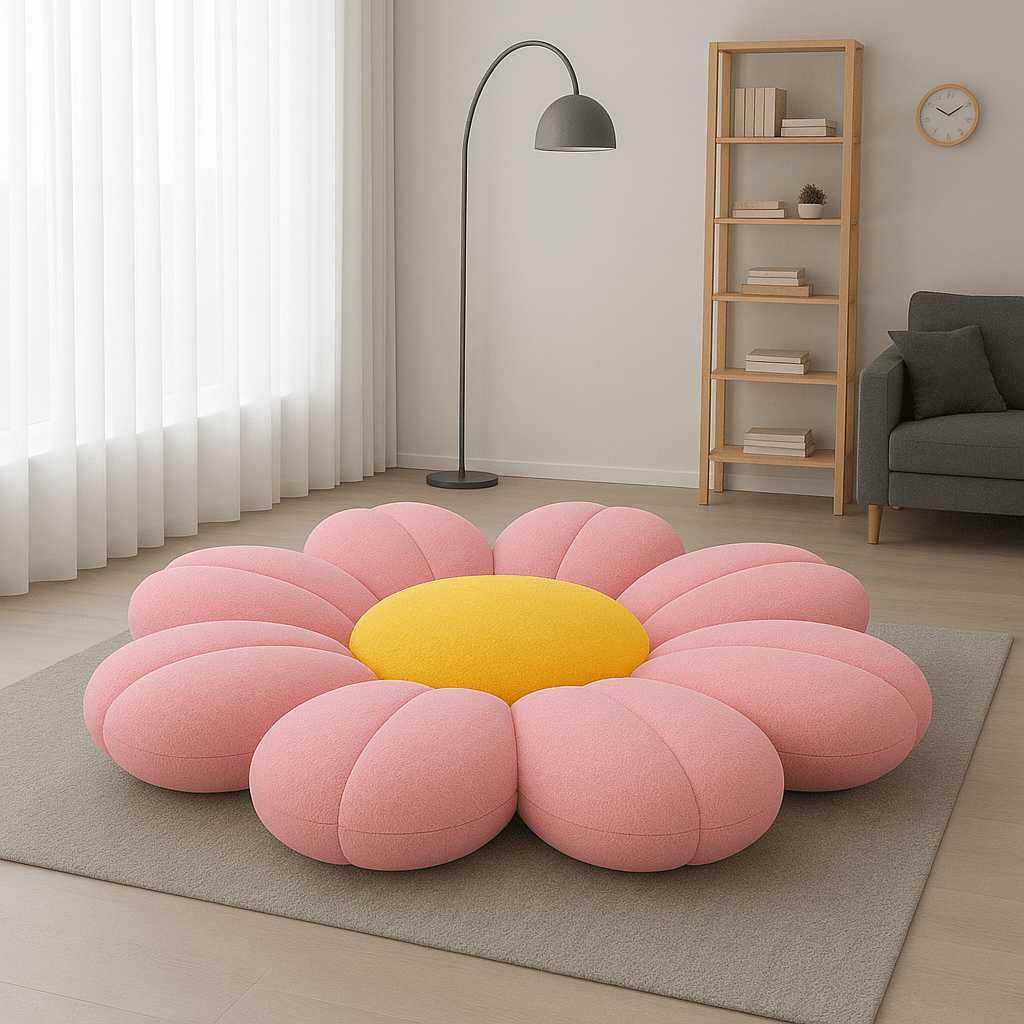 Blush pink flower-shaped floor cushion featuring soft rounded petals and yellow centre
