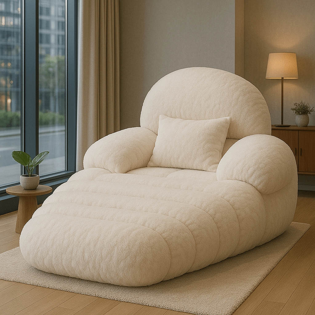 A large cream-coloured lounge chair placed on a neutral rug in a modern home interior.