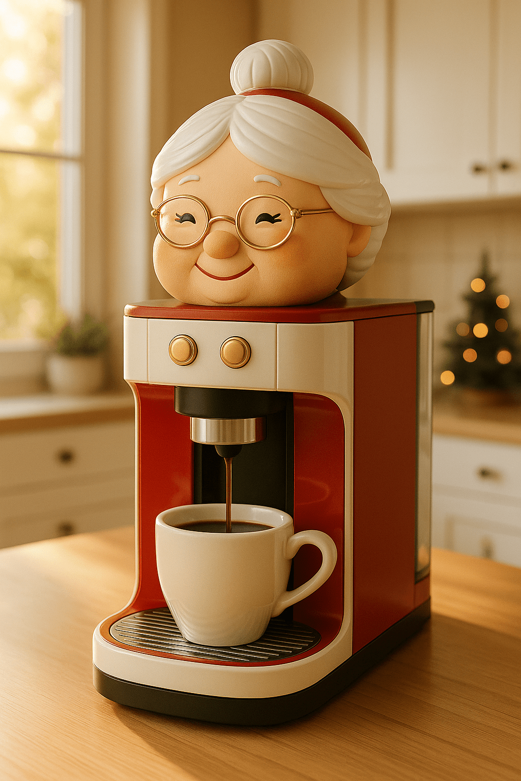 Christmas Mrs Claus themed coffee machine brewing fresh coffee in a cosy festive kitchen