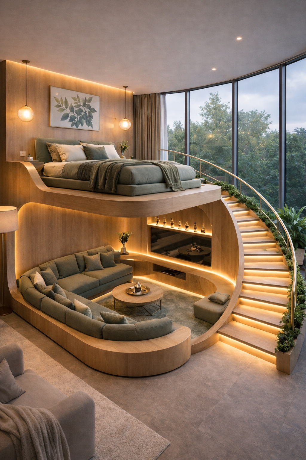 Wooden split-level bedroom lounge with elevated bed, curved stairs and green accents