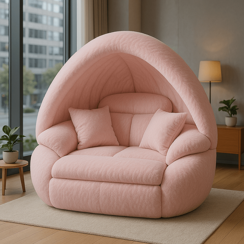 pale pink oversized lounge chair with curved cocoon backrest in stylish living room