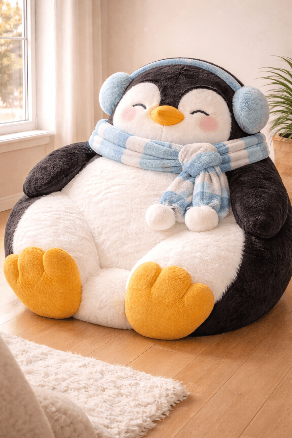Cute penguin-themed oversized beanbag chair with scarf and earmuffs