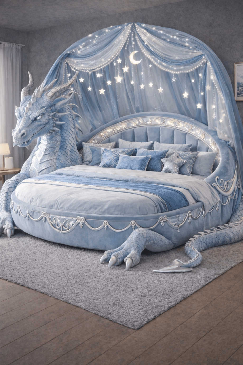 Icy blue dragon-shaped fantasy bed with silver accents and illuminated moon canopy
