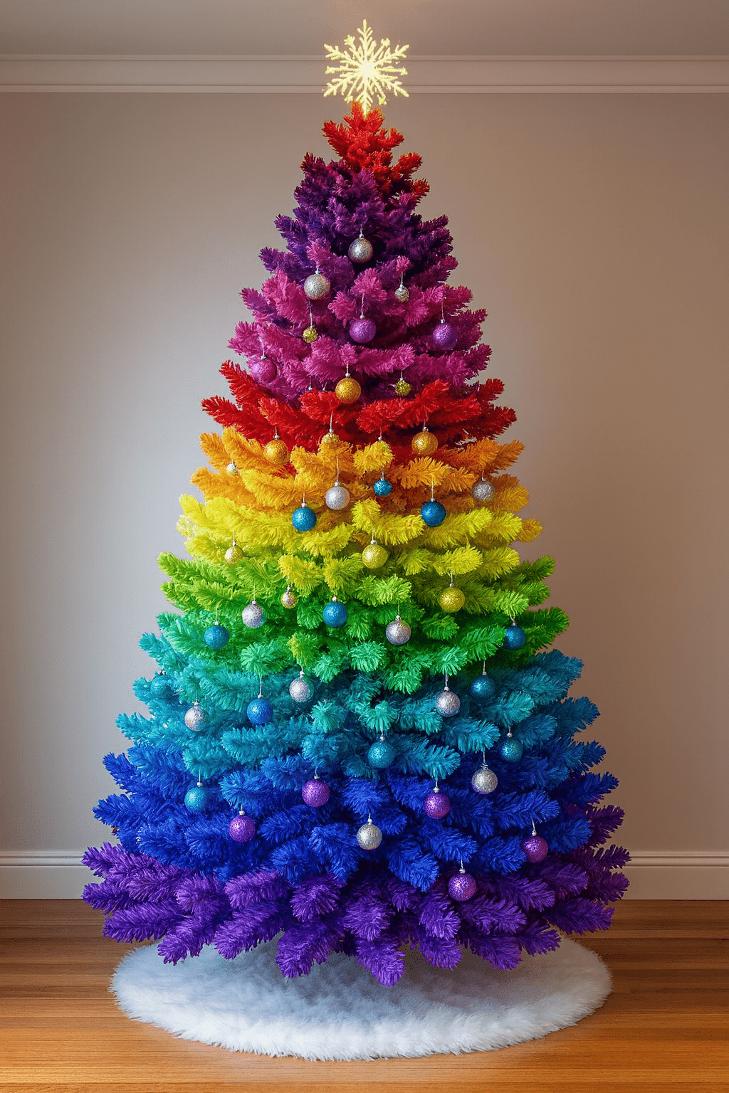 Vibrant rainbow Christmas tree with multicolour gradient branches and metallic baubles