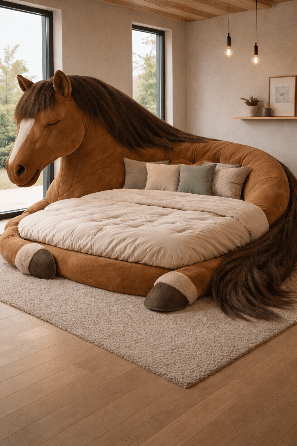 Large plush brown horse-shaped bed in a modern neutral bedroom