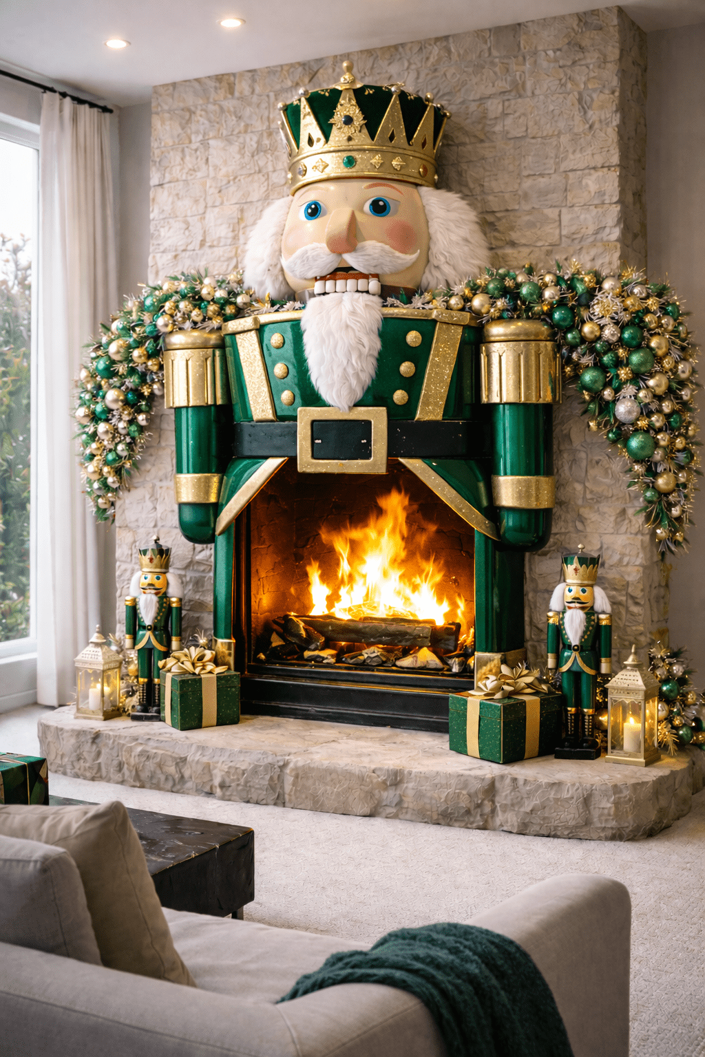 Large green nutcracker fireplace decorated with gold garlands and festive Christmas décor
