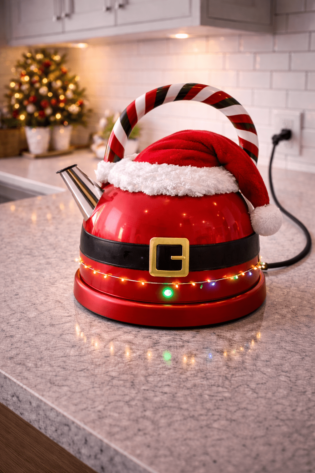 Red Santa-inspired Christmas kettle with black belt detail and festive lighting