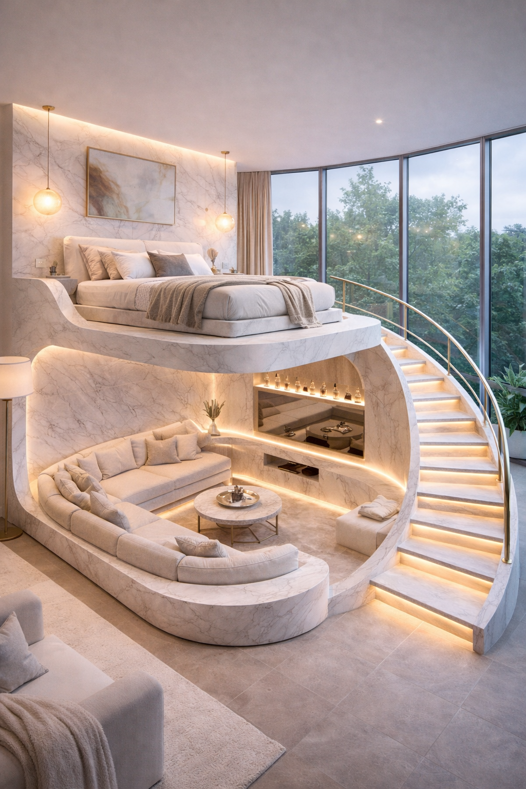 White marble split-level bedroom lounge with sculptural design and recessed seating