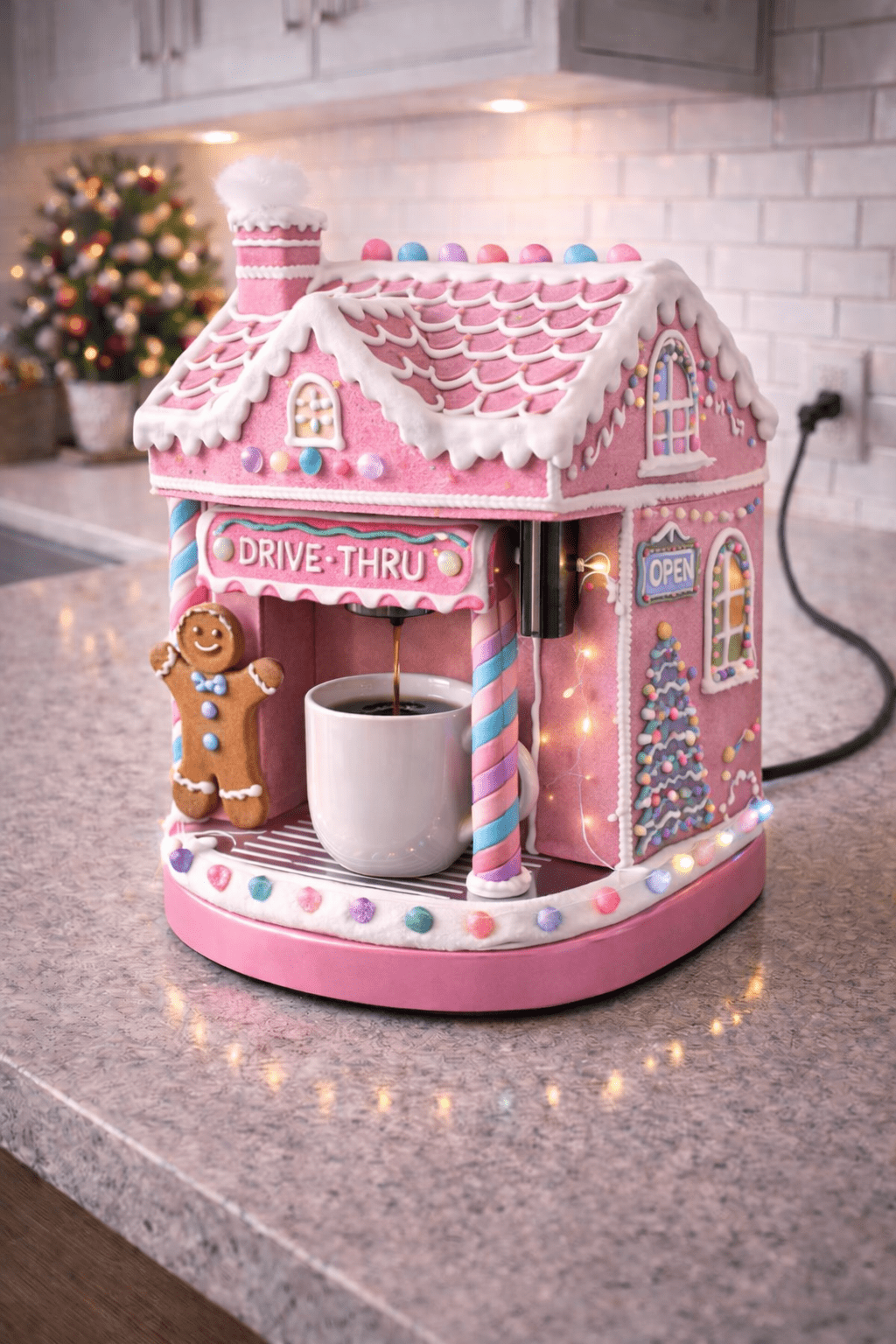 Pink gingerbread house coffee machine with candy decorations and festive lighting