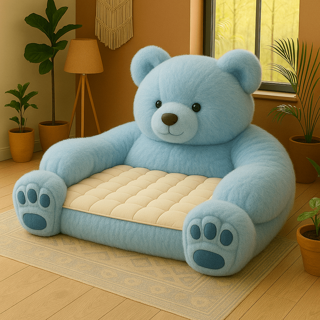 Oversized soft blue teddy bear armchair in a modern living room with wooden flooring