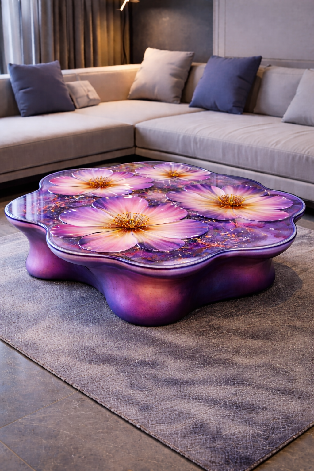 Purple floral resin coffee table with vibrant flower details in modern interior