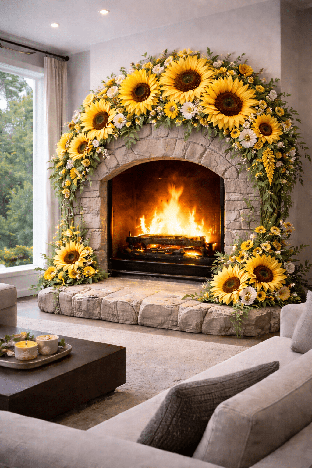 Sunflower floral fireplace display surrounding a stone fireplace in a bright living room