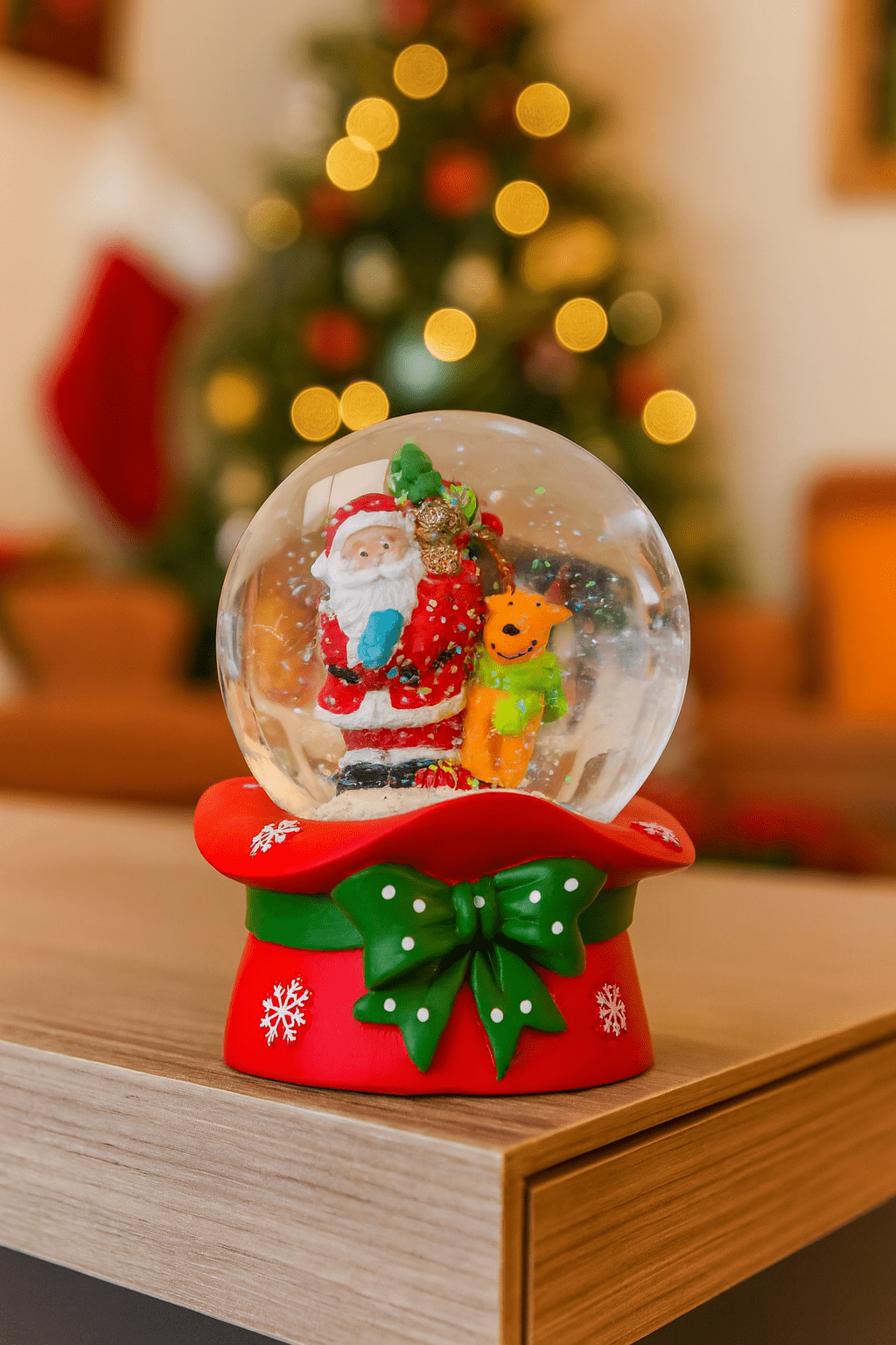Festive Christmas snow globe featuring Santa Claus and colourful holiday details