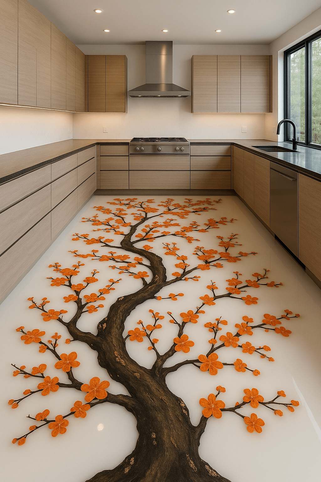 Contemporary kitchen with warm wood cabinets and orange blossom resin floor