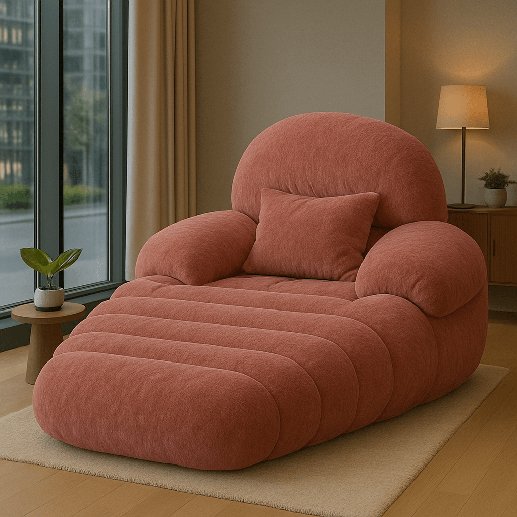 An oversized terracotta lounge chair with soft rounded shapes in a bright contemporary room.