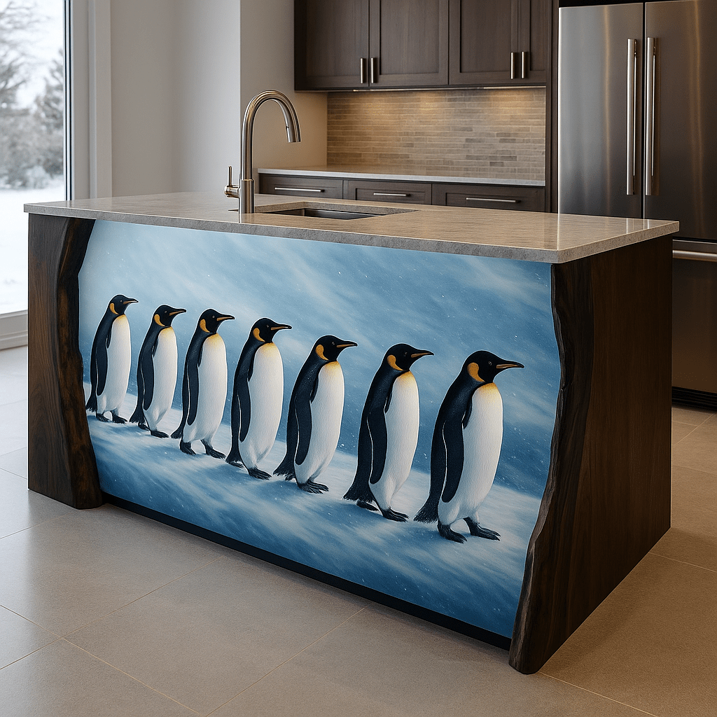 Penguin kitchen island showing a line of penguins set within a glowing panel