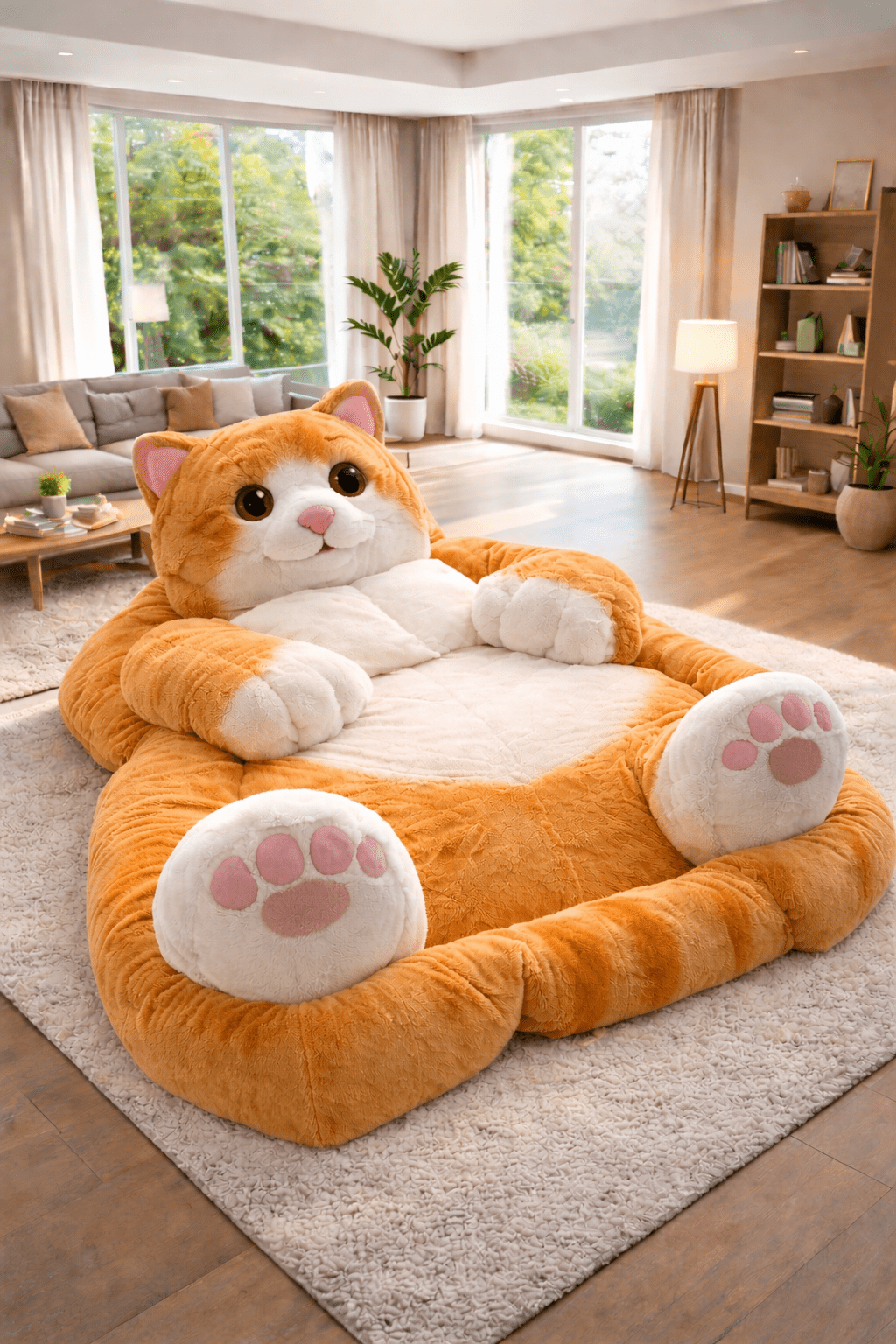 Ginger cat-shaped oversized plush bed with soft padded paws
