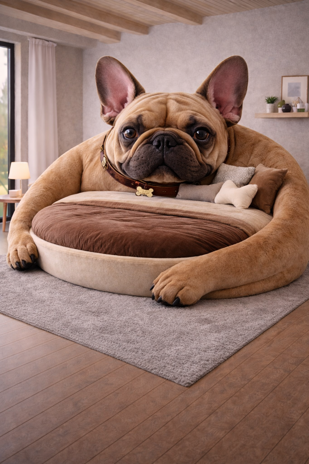 Oversized French bulldog-shaped bed in warm tan tones with cosy circular mattress