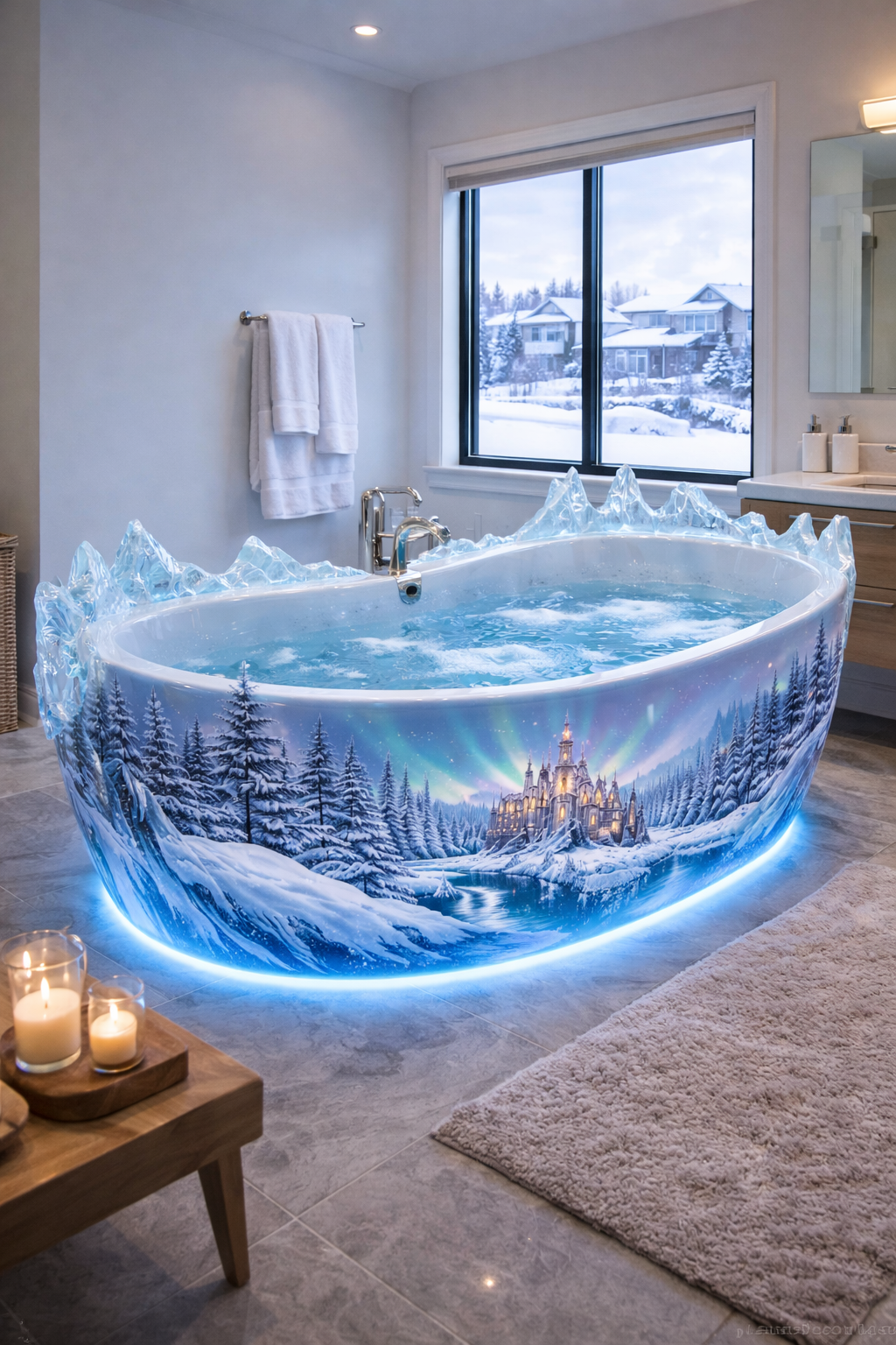 Winter wonderland bathtub featuring a glowing castle, snow-covered trees and illuminated base