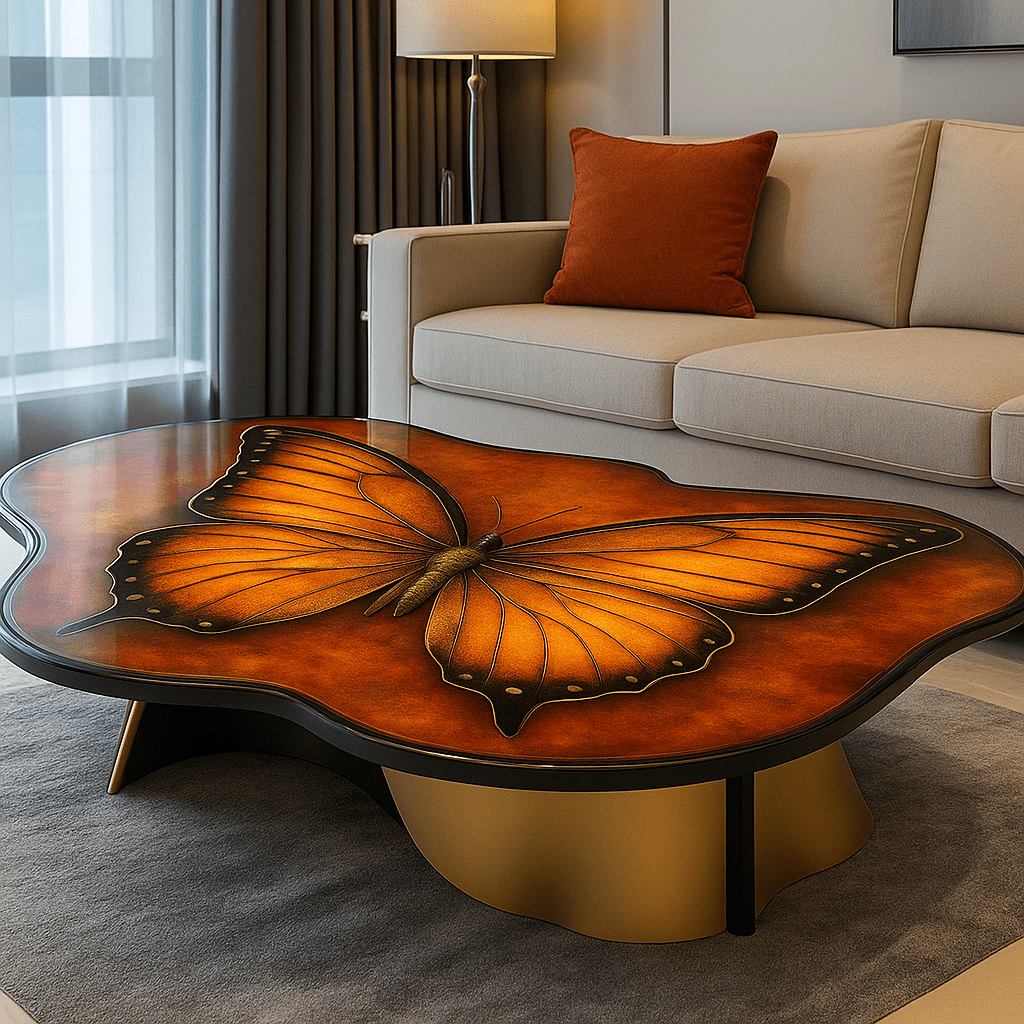 Burnt orange butterfly resin coffee table as a statement centrepiece
