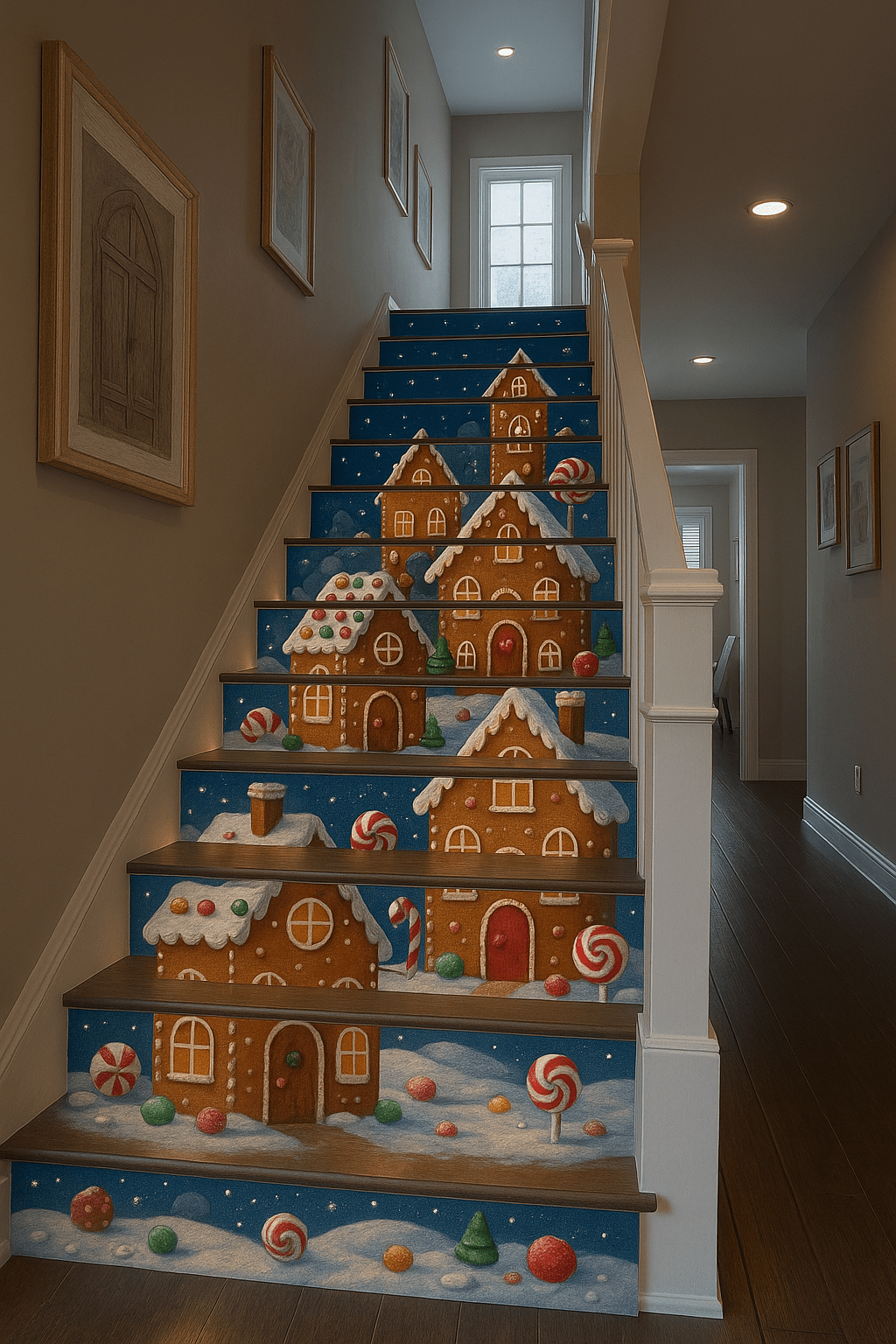 Gingerbread house village Christmas staircase wall art with candy cane details