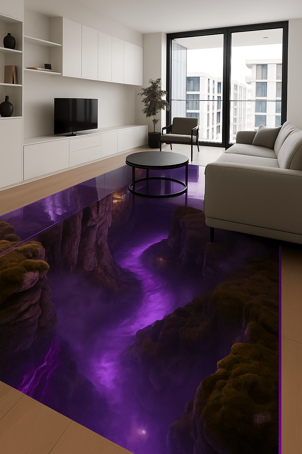 Purple illuminated epoxy resin canyon floor creating a mystical 3D depth illusion in a minimalist interior