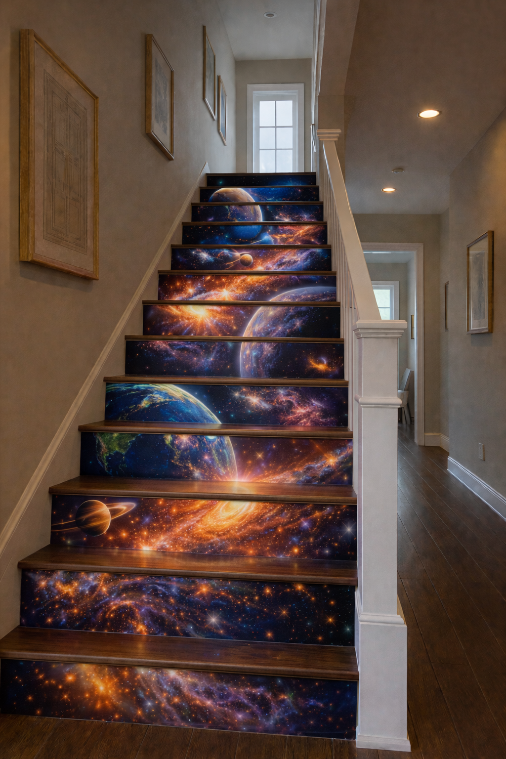 Cosmic staircase design with planets, starfields, and glowing galactic light