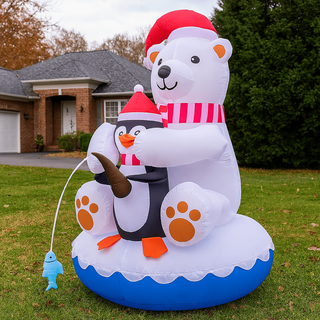 Giant inflatable polar bear and penguin Christmas decoration on a lawn