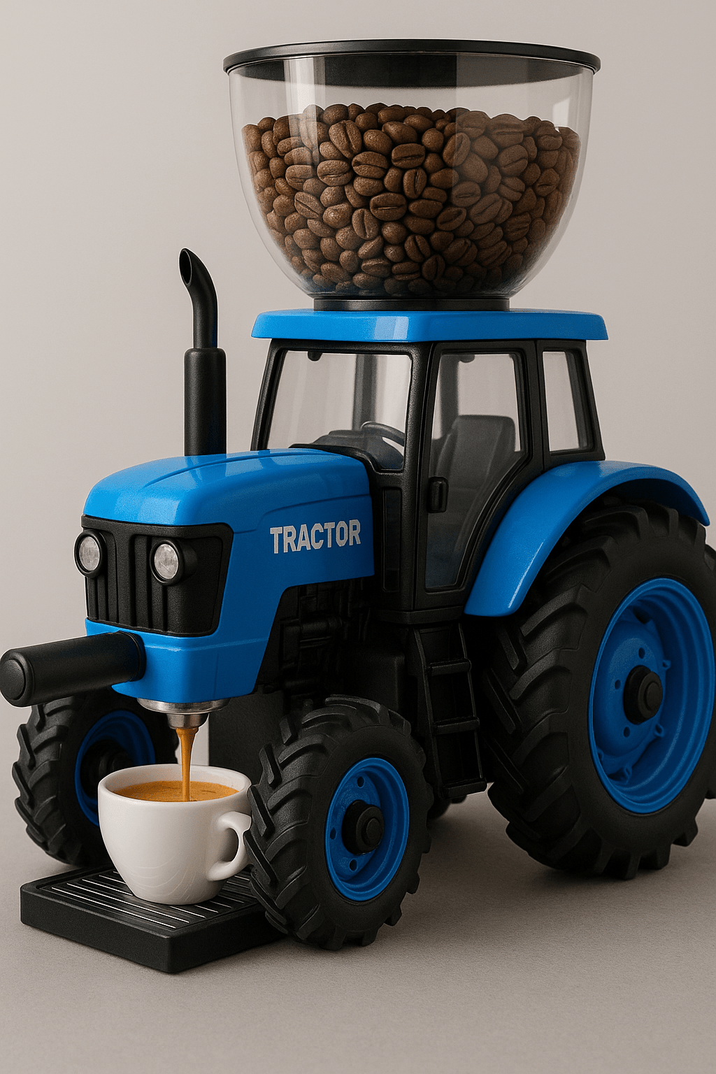 Blue tractor-shaped coffee machine featuring rustic wheels and coffee beans