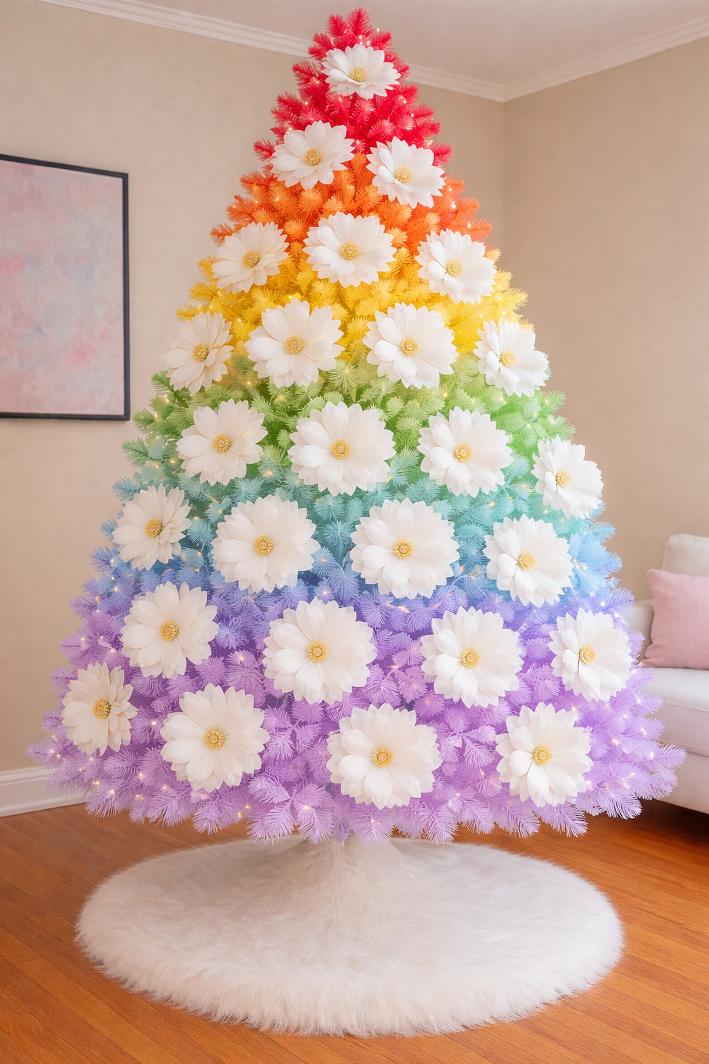 Rainbow floral Christmas tree featuring layered colour bands and white daisy flowers with warm fairy lights