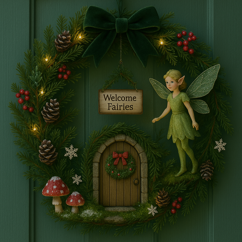 Woodland fairy Christmas wreath with green bow, pinecones and festive fairy door