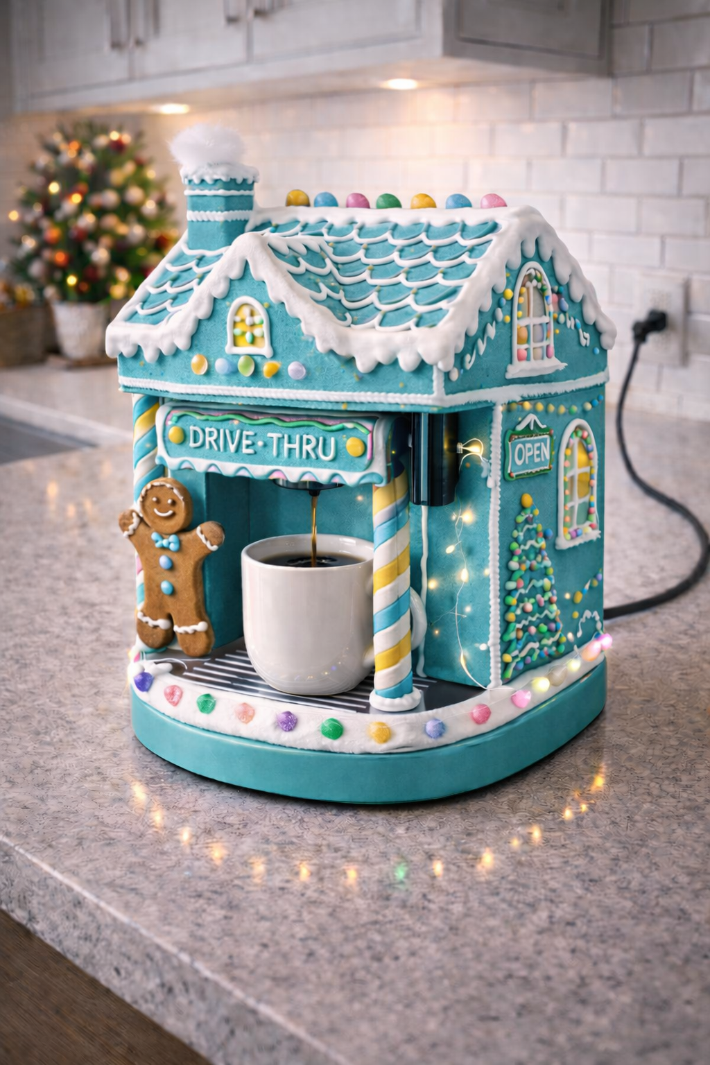 Teal gingerbread house coffee machine with icing roof and Christmas details