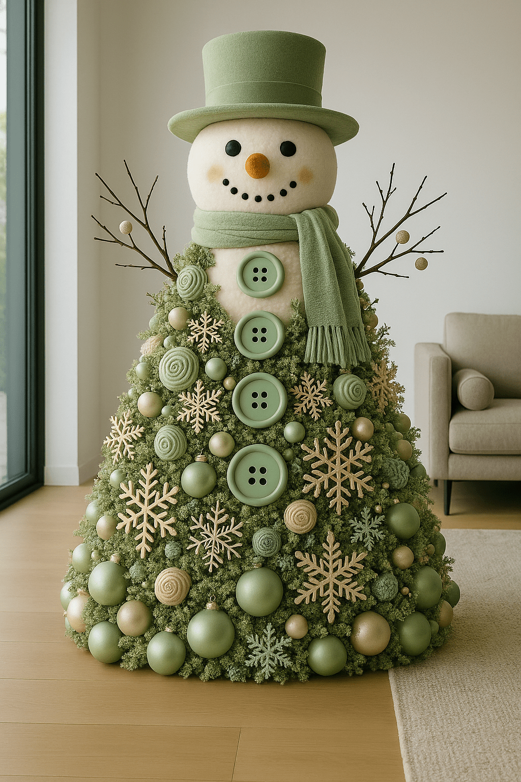 Green snowman Christmas tree with neutral ornaments and soft natural textures