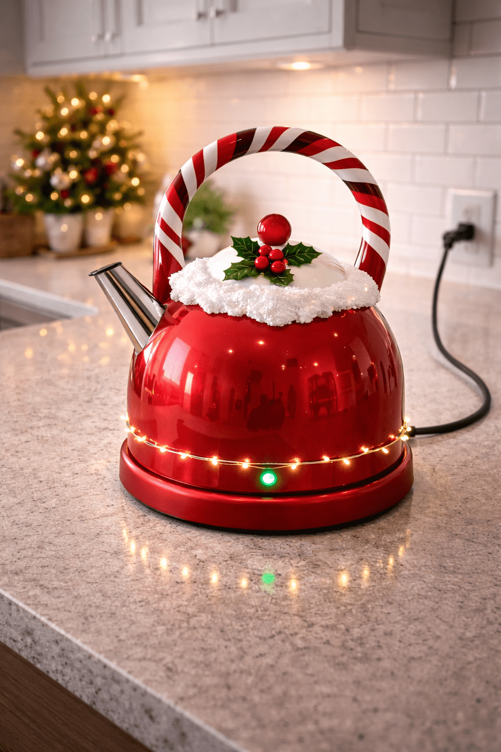 Red festive Christmas kettle with candy cane handle, holly decoration, and glowing base
