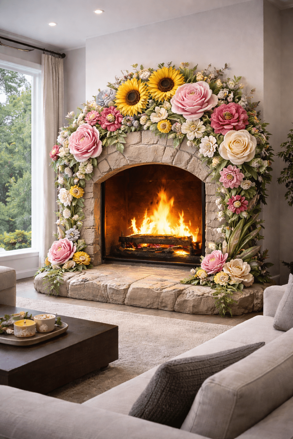 Floral fireplace display combining roses and sunflowers around a traditional stone hearth