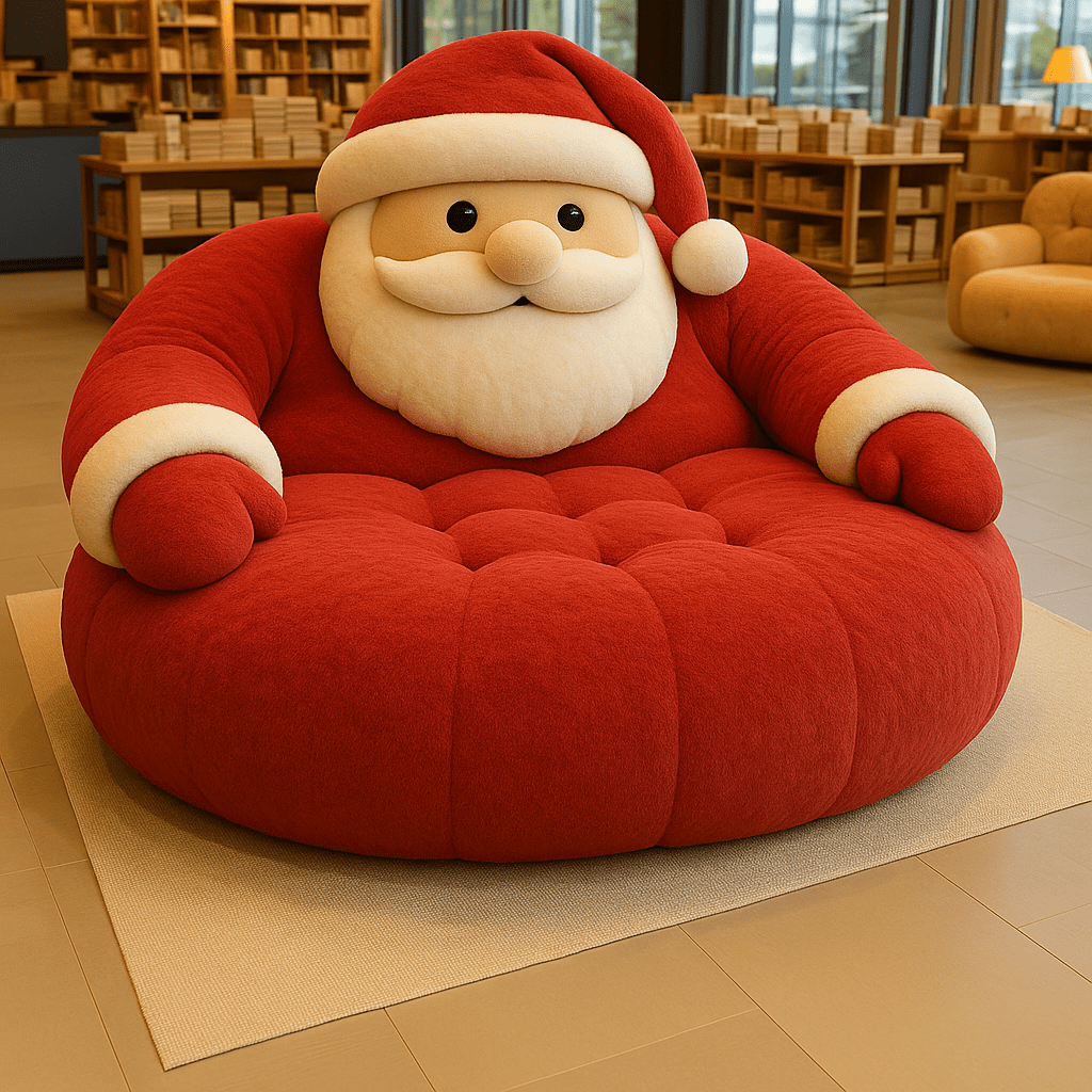 Christmas character armchairs: Oversized Santa Claus armchair with red plush seating and white trim