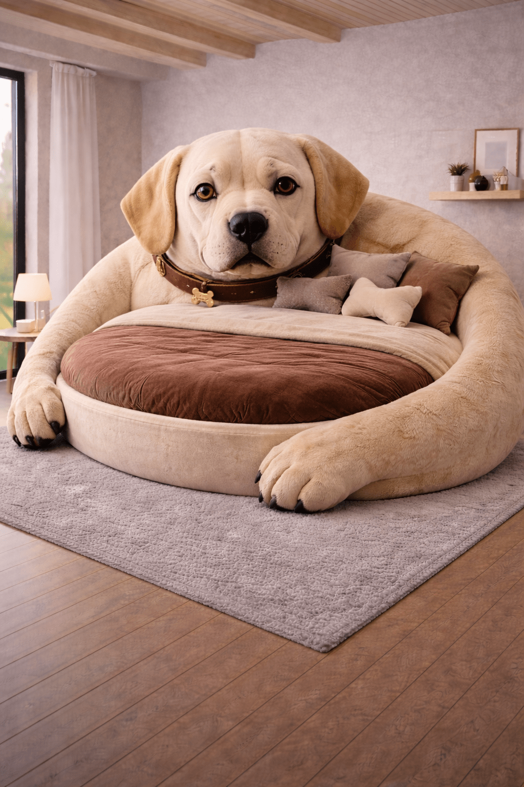 Soft neutral Labrador-shaped oversized bed with plush cushioning in modern bedroom