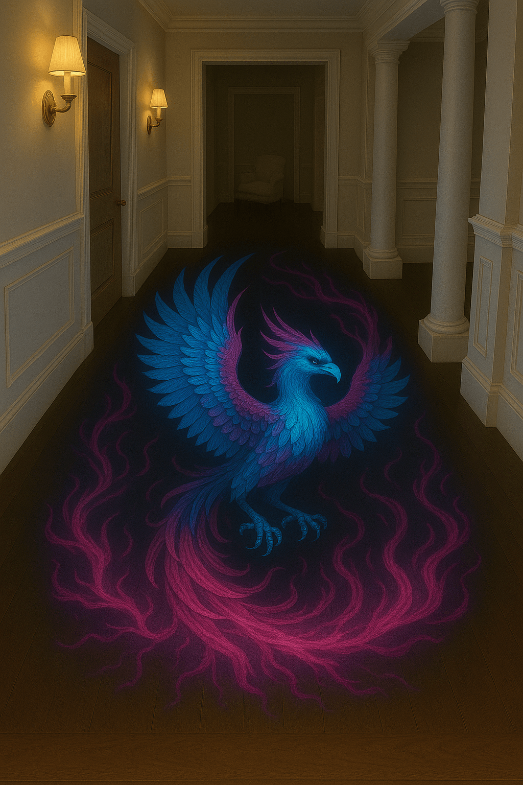 Fantasy phoenix hallway floor design featuring turquoise feathers and magenta flames