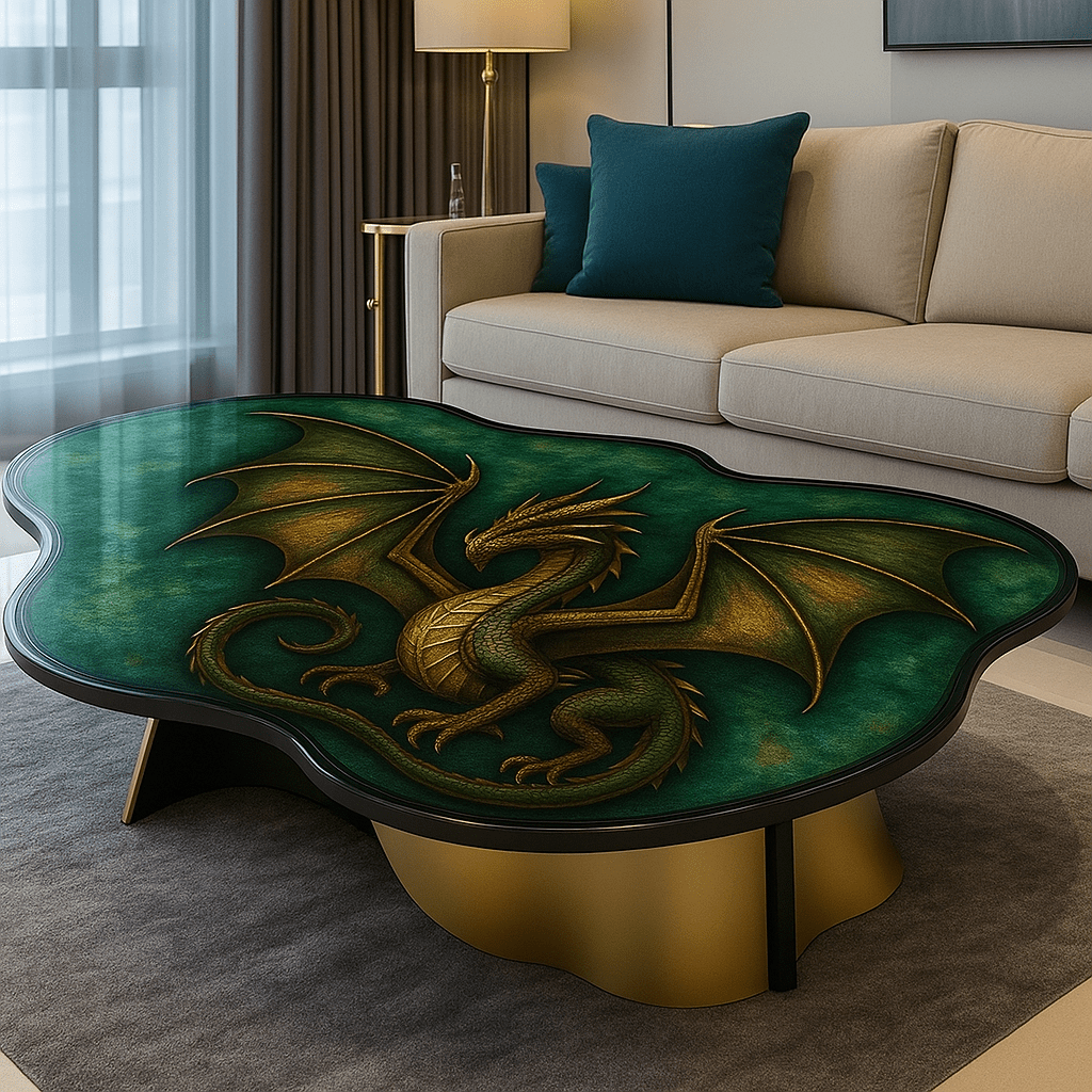Green dragon resin coffee table with sculptural gold base in a contemporary interior